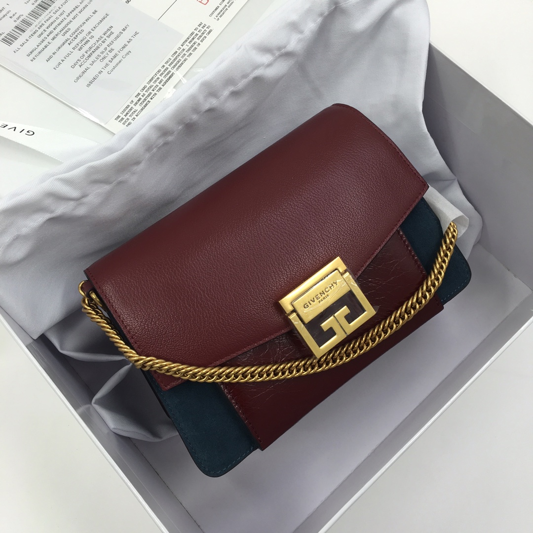 G1uenchy small gv3 bag in leather and suede burgundy and navy bb501cb 22 x 14 x 8 cm