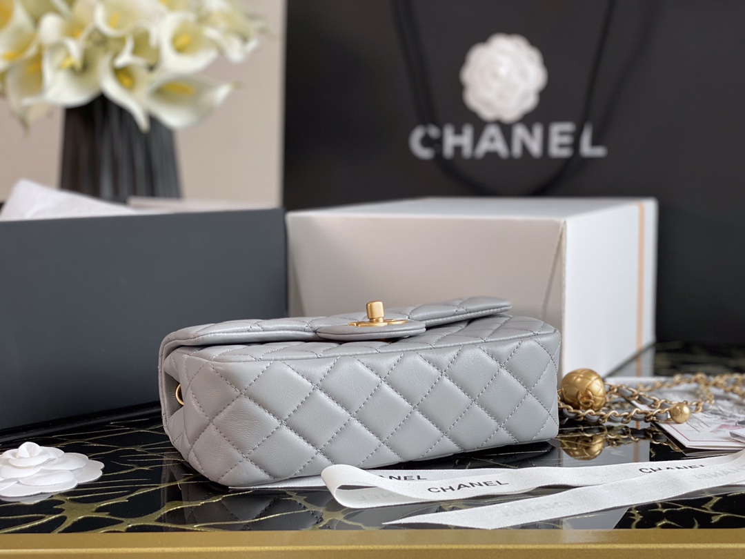 Ch**el charm strap flap bag lambskin grey as1787 17 x 20 cm