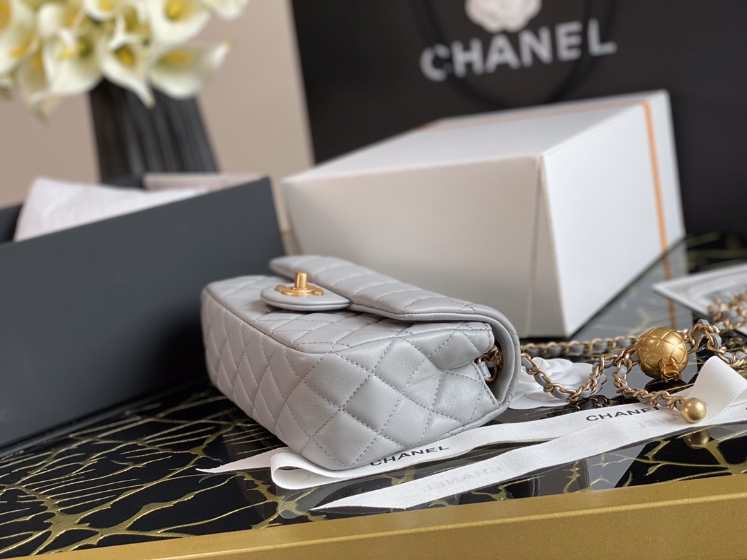 Ch**el charm strap flap bag lambskin grey as1787 17 x 20 cm