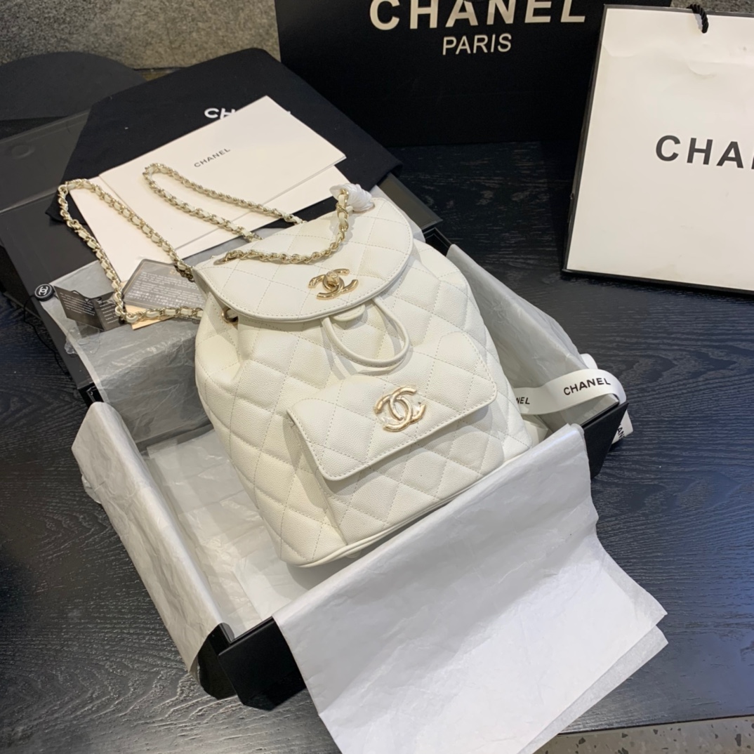 Ch**el backpack grained calfskin white as1371 21.5 x 24 x 12 cm