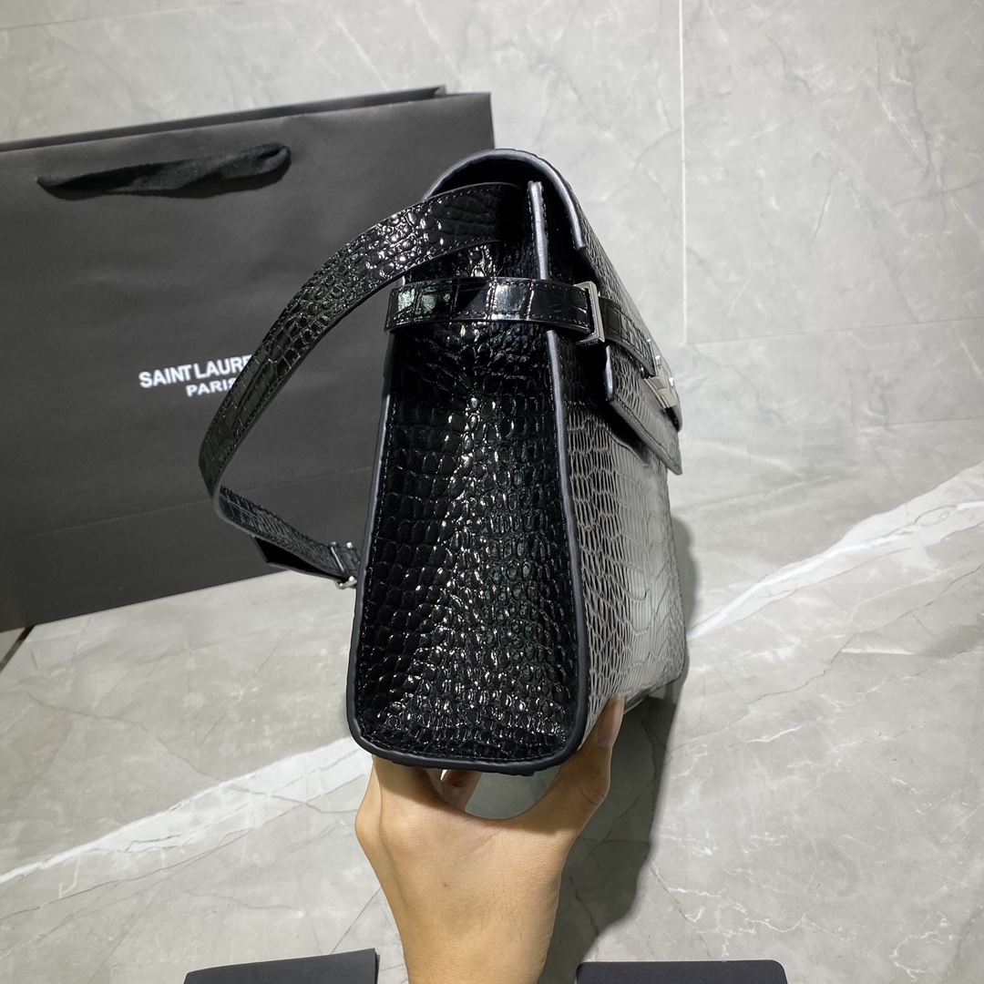 Y51 manhattan shoulder bag in crocodile-embossed shiny leather silver metal black 579271 29 x 20.5 x 7 cm