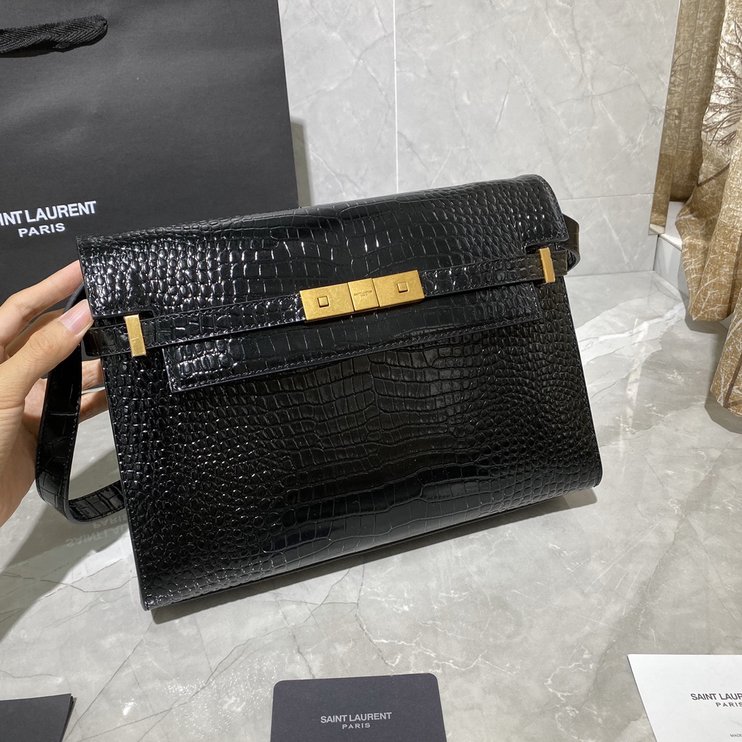 Y51 manhattan shoulder bag in crocodile-embossed shiny leather black 579271 29 x 20.5 x 7 cm