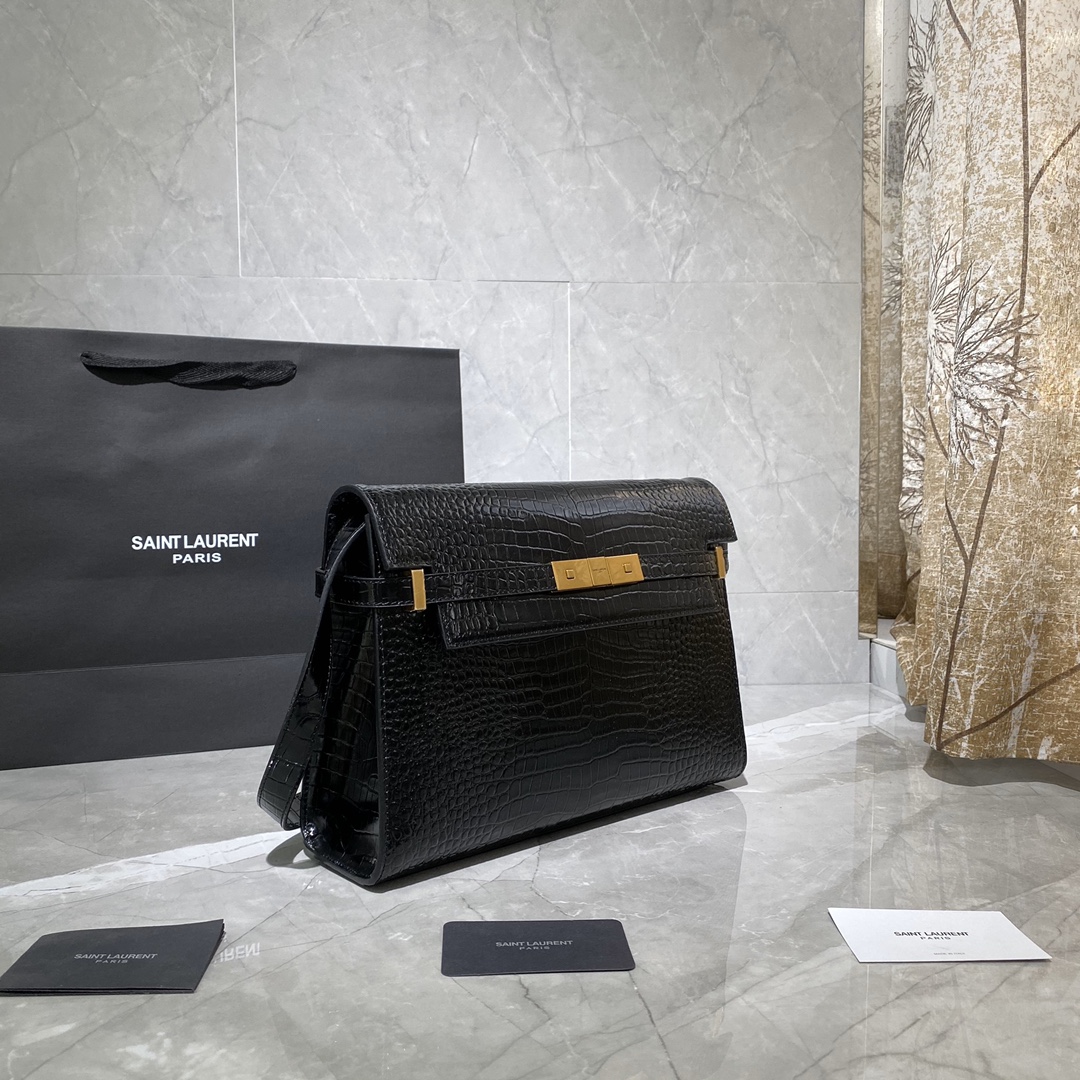 Y51 manhattan shoulder bag in crocodile-embossed shiny leather black 579271 29 x 20.5 x 7 cm