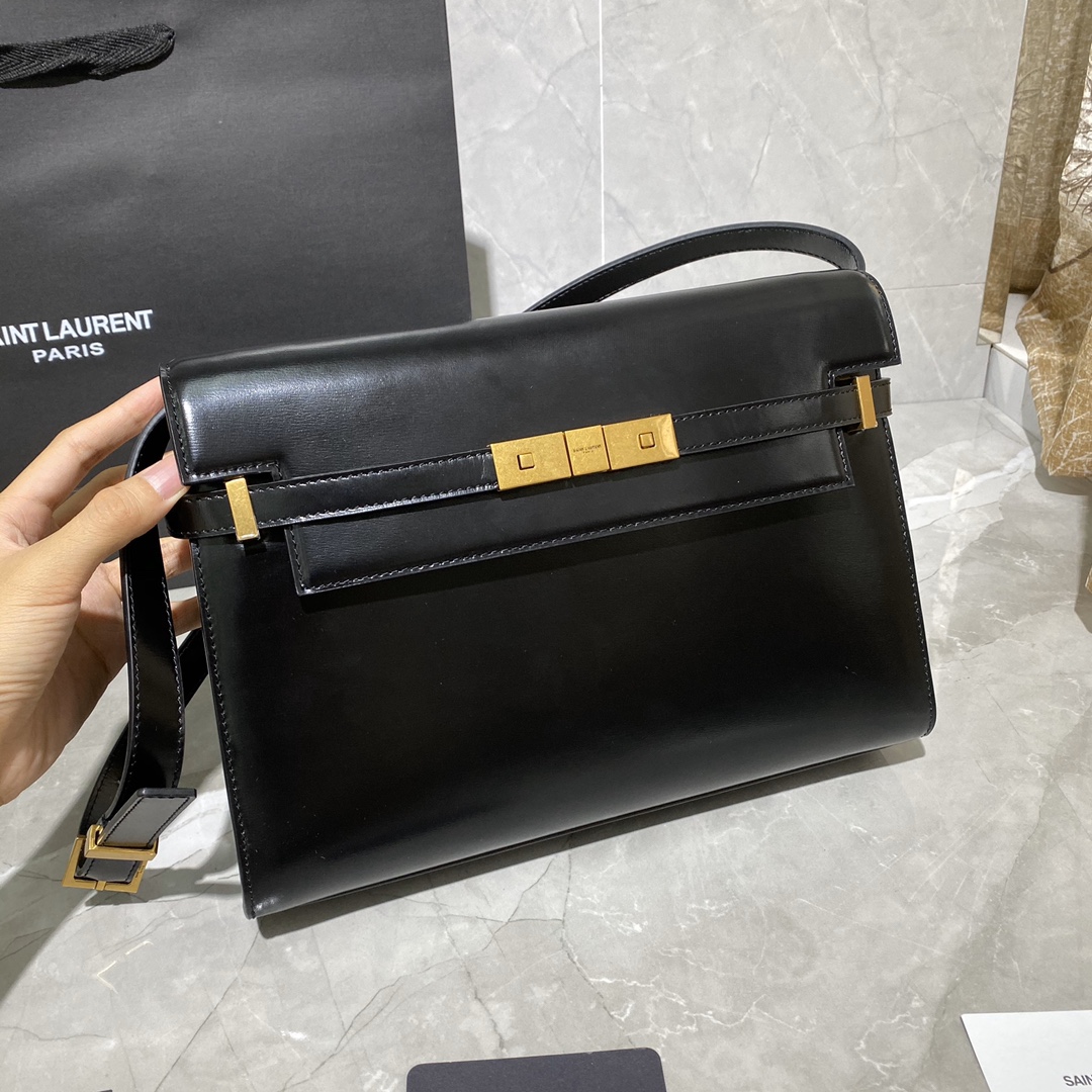 y51 manhattan shoulder bag in box Sa1nt Lau*nt leather black 579271 29 x 20.5 x 7 cm