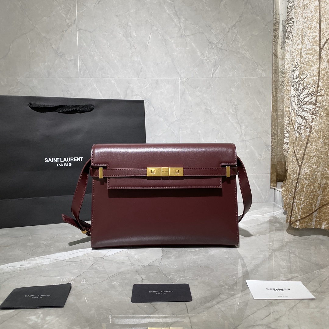 y51 manhattan shoulder bag in box Sa1nt Lau*nt leather burgundy 579271 29 x 20.5 x 7 cm
