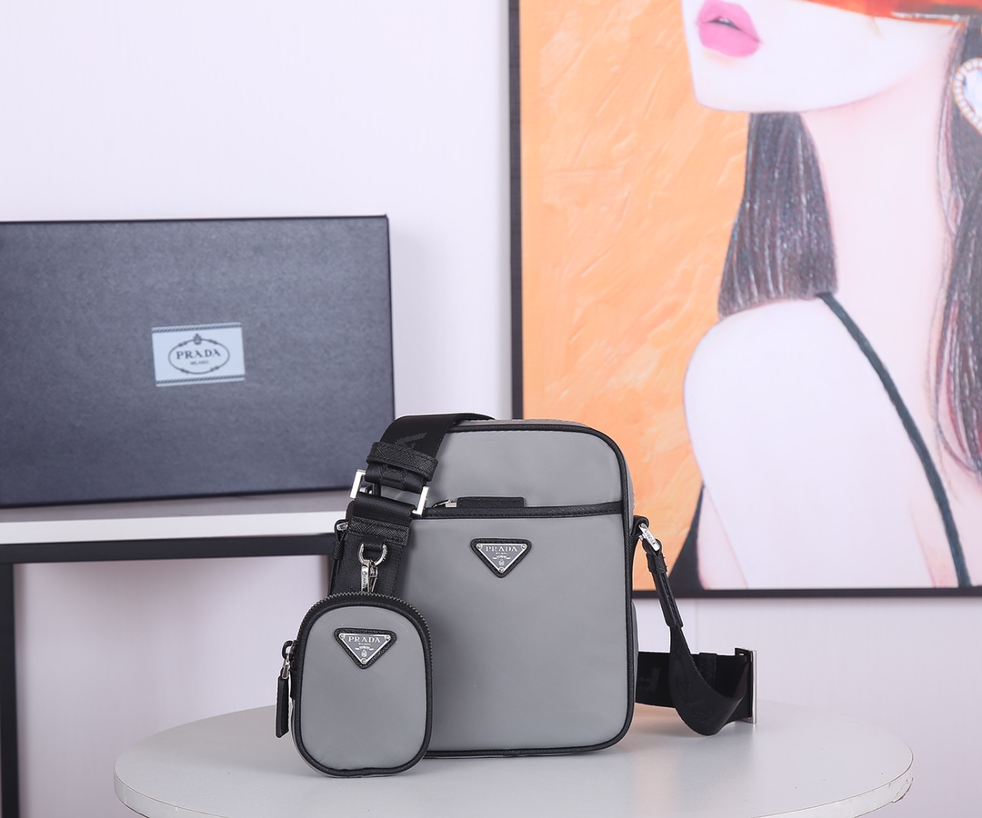 Pra*a re-nylon and saffiano leather shoulder bag grey 2vh112 20 x 16 x 5 cm