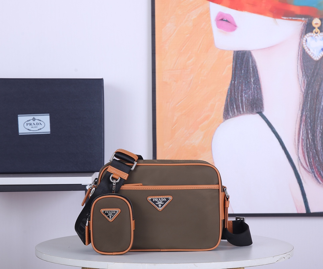 Pra*a nylon and saffiano leather bag with strap brown 2vh048 23 x 16 x 7 cm