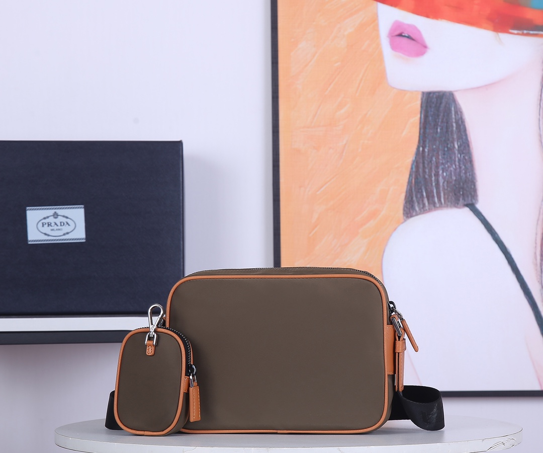Pra*a nylon and saffiano leather bag with strap brown 2vh048 23 x 16 x 7 cm