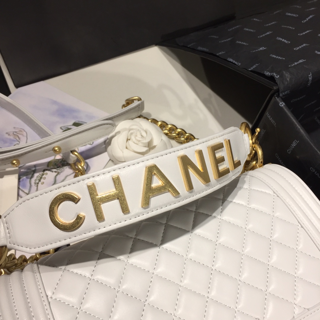 Ch**el small original lambskin leather boy flap bag white 25 cm