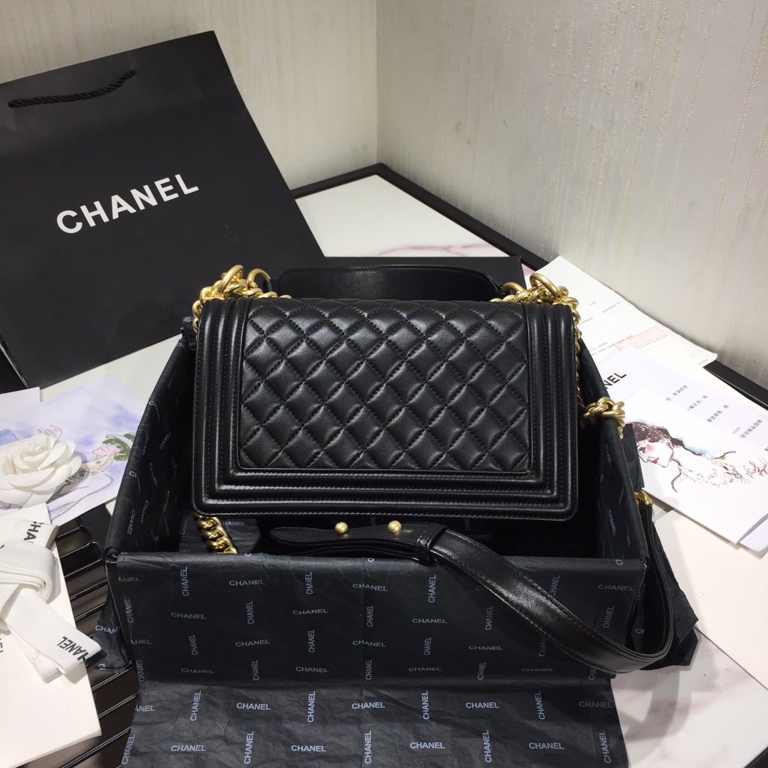 Ch**el small original lambskin leather boy flap bag black 25 cm