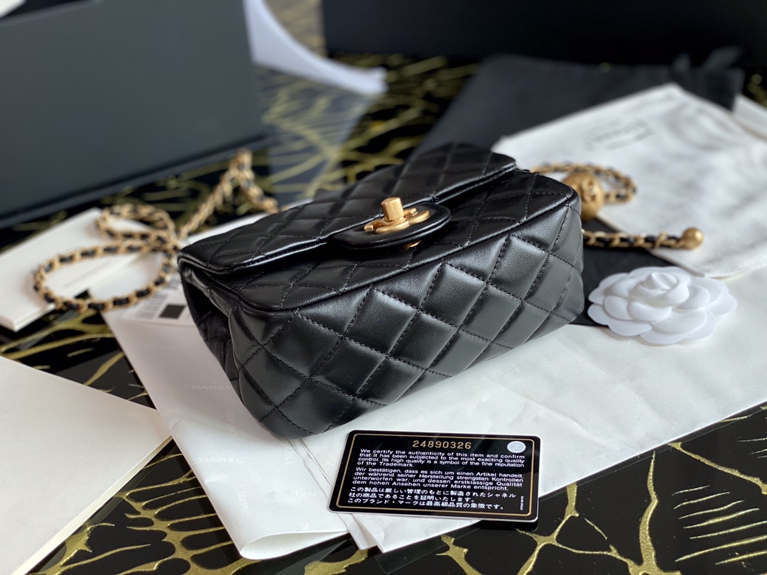 Ch**el small charm strap flap bag lambskin black as1786 13 x 18 x 7 cm