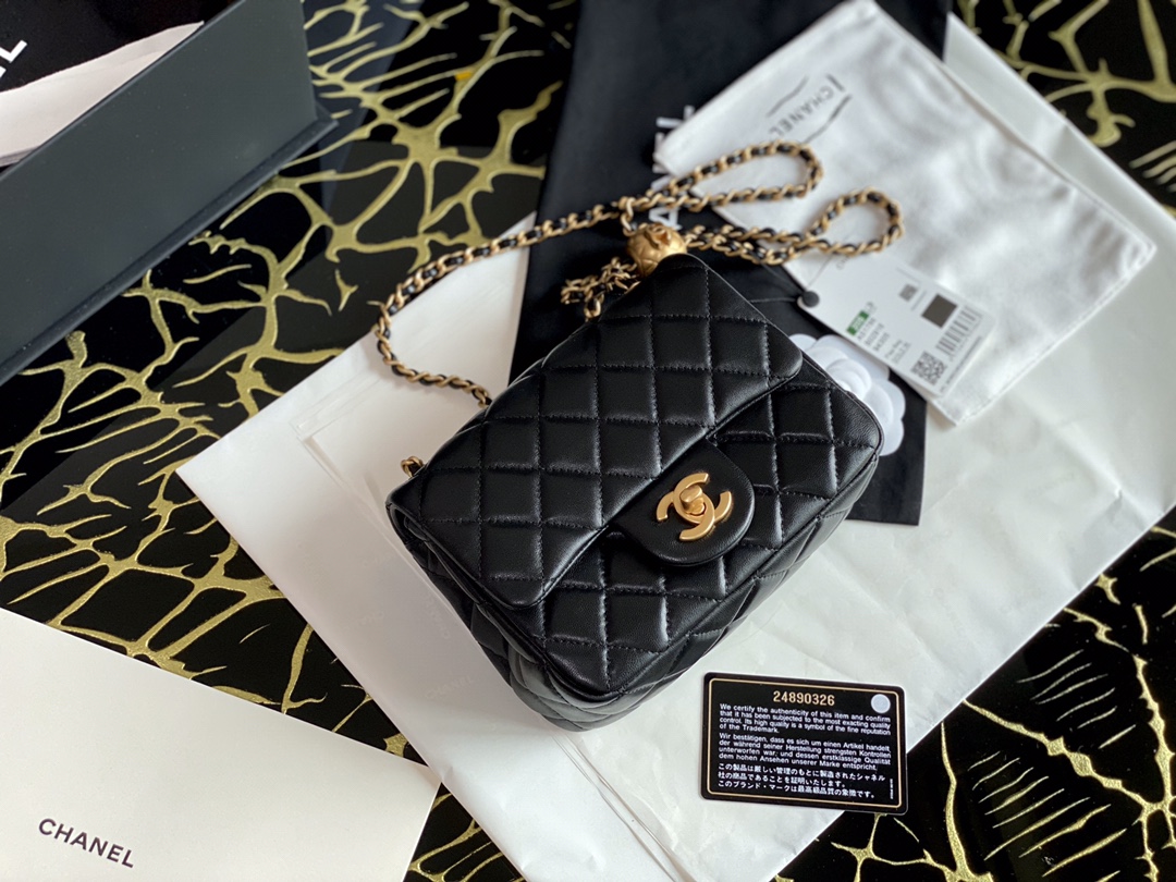 Ch**el small charm strap flap bag lambskin black as1786 13 x 18 x 7 cm