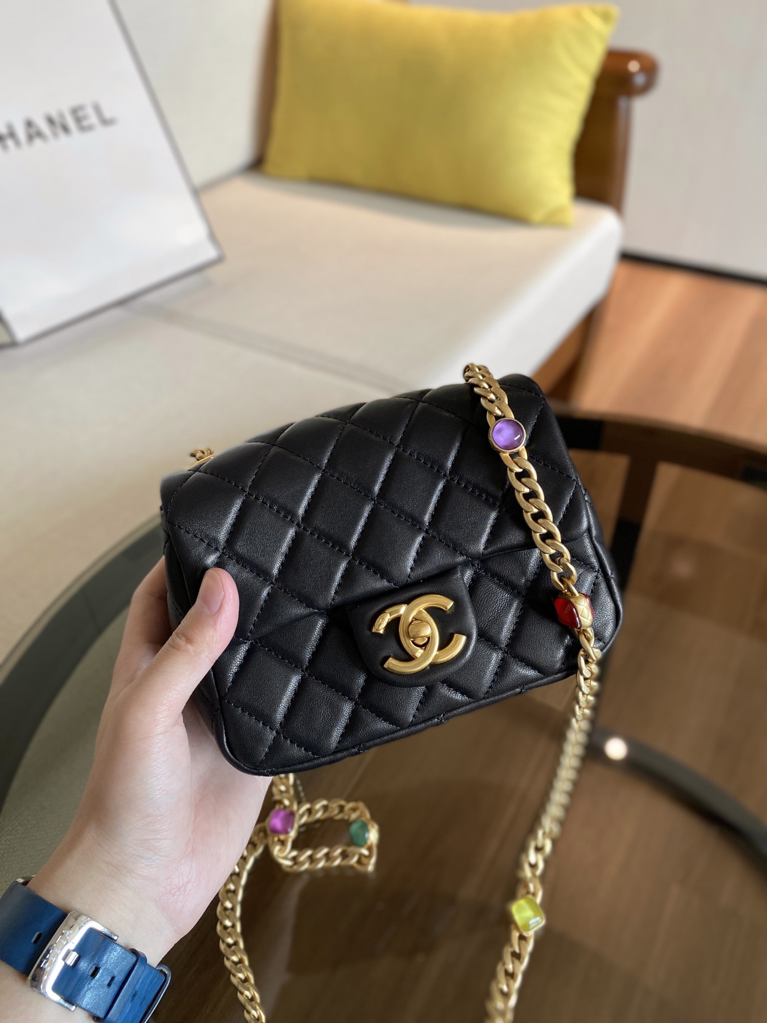 Ch**el mini square resin bag stones chain lambskin black as2379 13 x 17 x 7 cm