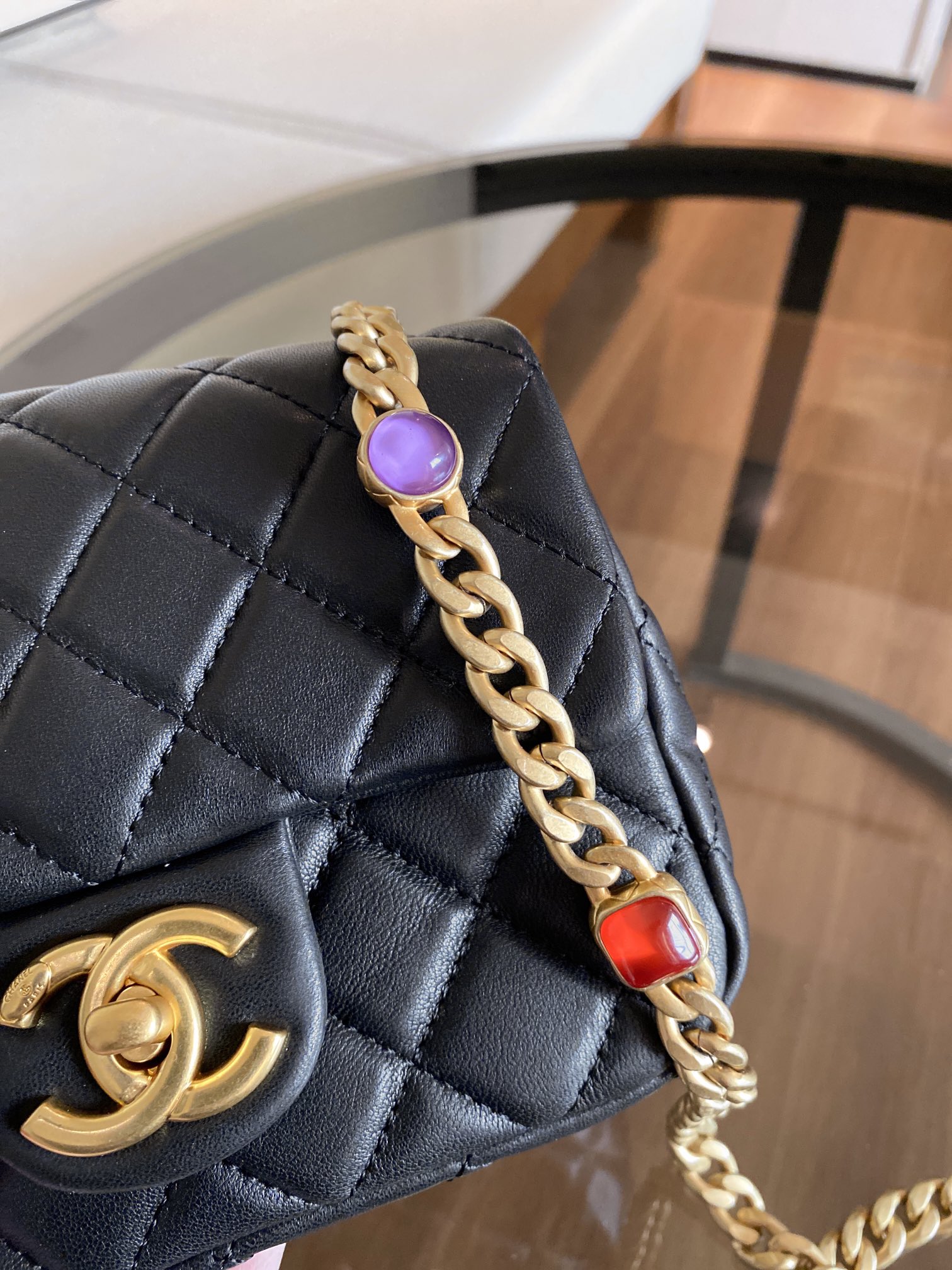 Ch**el mini square resin bag stones chain lambskin black as2379 13 x 17 x 7 cm