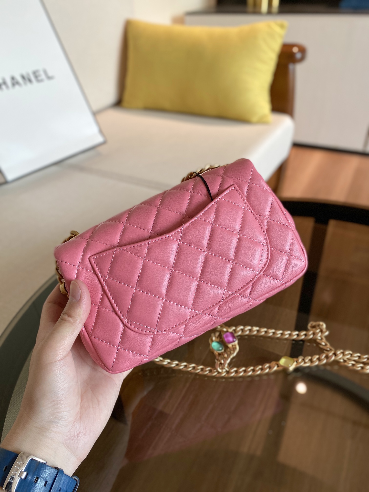 Ch**el small resin stones chain flap bag lambskin pink as2380 12.5 x 20 x 7 cm