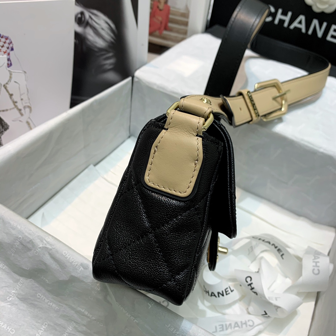 Ch**el calfskin flap bag black as2273 20cm