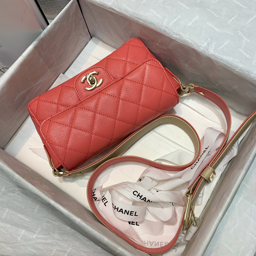 Ch**el calfskin flap bag coral as2273 20cm