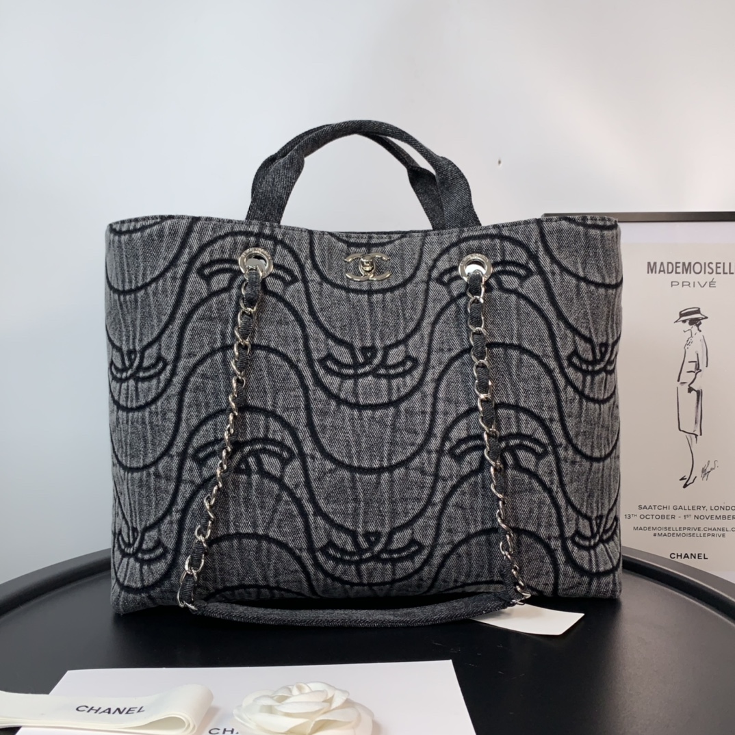ch**el washed De*1m cc wave shopping bag black 2021 30 cm
