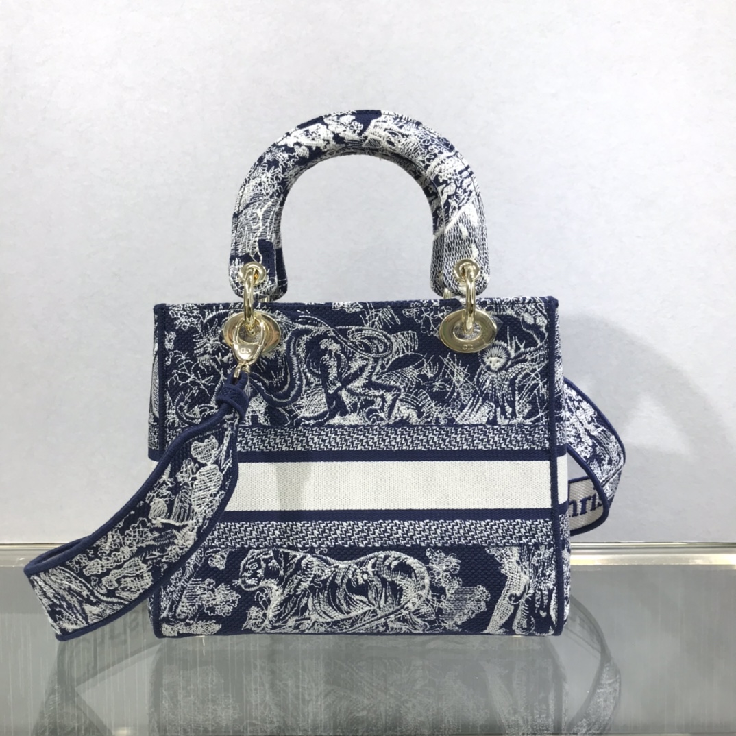 D10r medium lady d-lite bag blue toile de jouy reverse embroidery m0565 23.5 x 20 x 13 cm