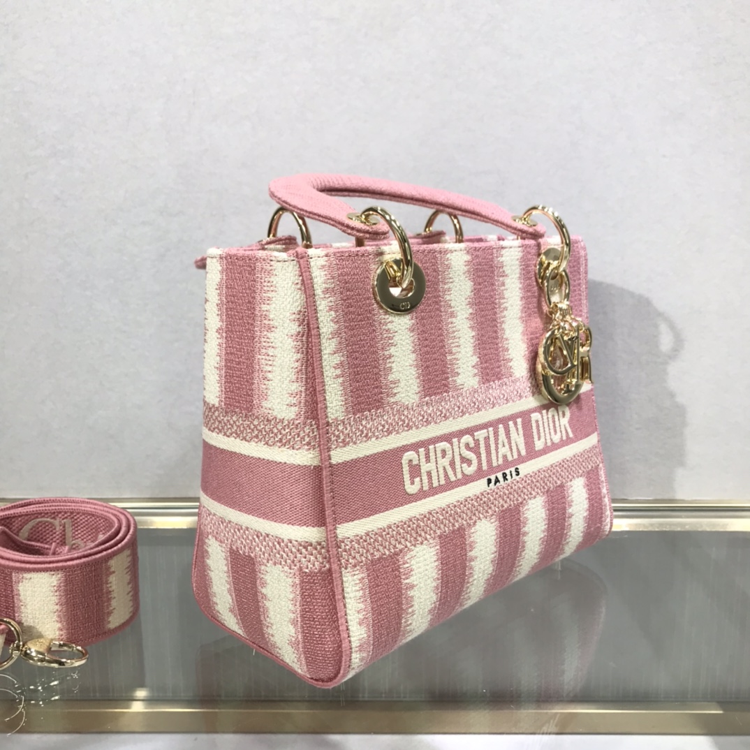 D10r medium lady d-lite bag pink d-stripes embroidery m0565 24 x 20 x 11 cm