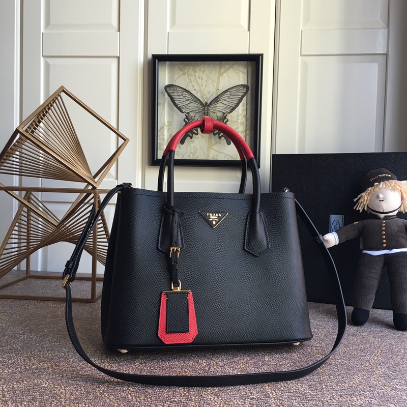 Pra*a medium saffiano leather double Pra*a bag black and red 1bg775 33 x 24.5 x 14 cm