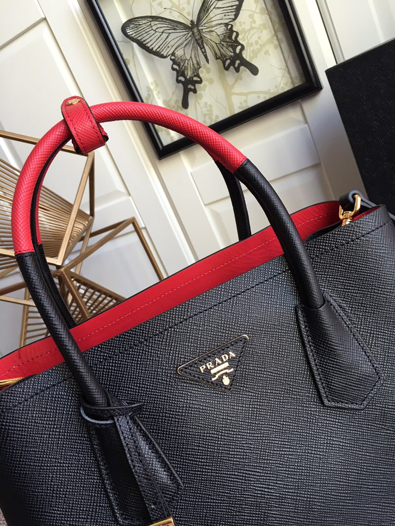 Pra*a medium saffiano leather double Pra*a bag black and red 1bg775 33 x 24.5 x 14 cm