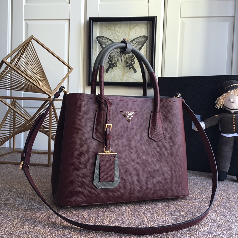 Pra*a medium saffiano leather double Pra*a bag dark burgundy 1bg775 33 x 24.5 x 14 cm
