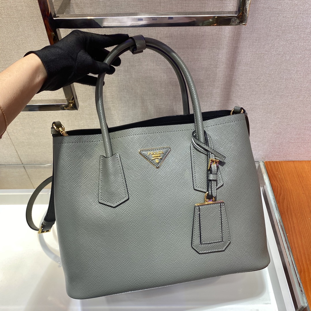 Pra*a medium saffiano leather double Pra*a bag gray 1bg775 33 x 24.5 x 14 cm