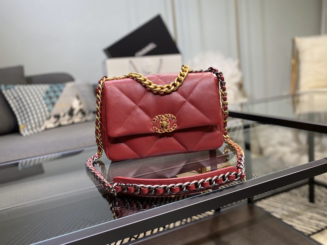 Ch**el 19 handbag lambskin burgundy as1160 26cm