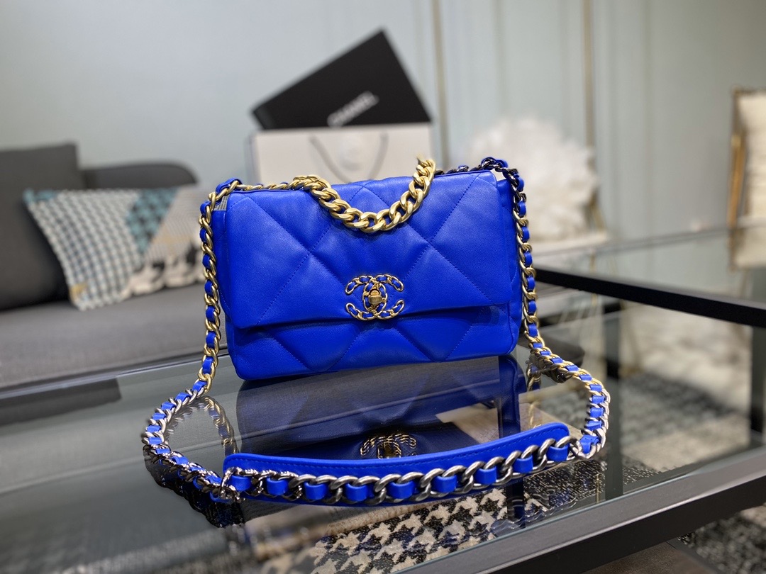 Ch**el 19 handbag lambskin neon blue as1160 26cm