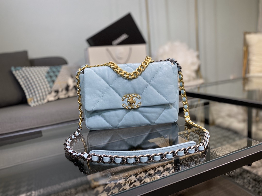 Ch**el 19 handbag lambskin light blue as1160 26cm