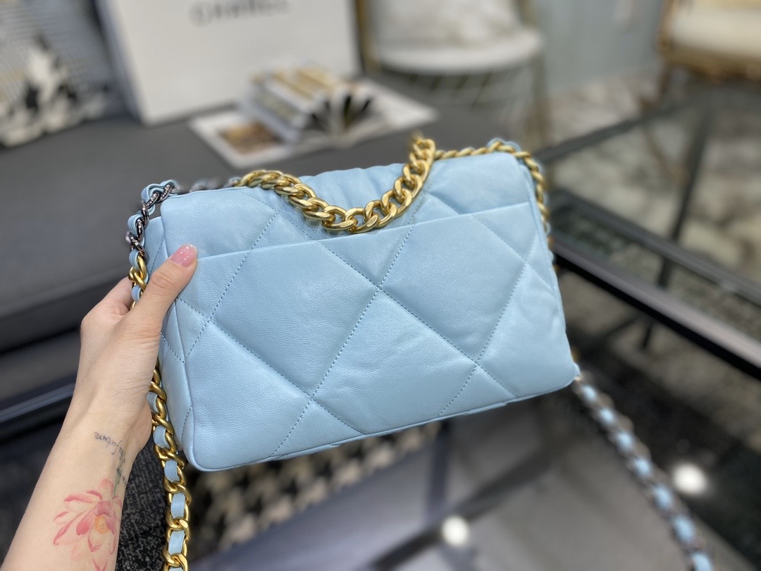 Ch**el 19 handbag lambskin light blue as1160 26cm