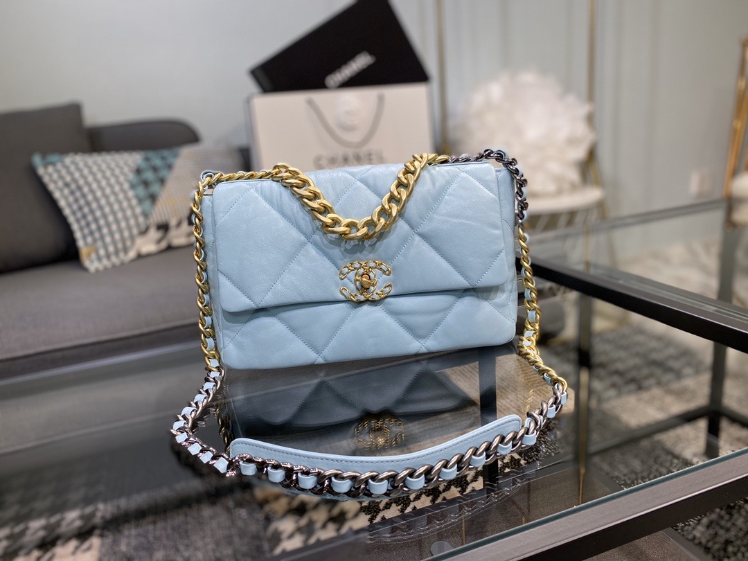 Ch**el large 19 handbag lambskin blue as1161 30cm
