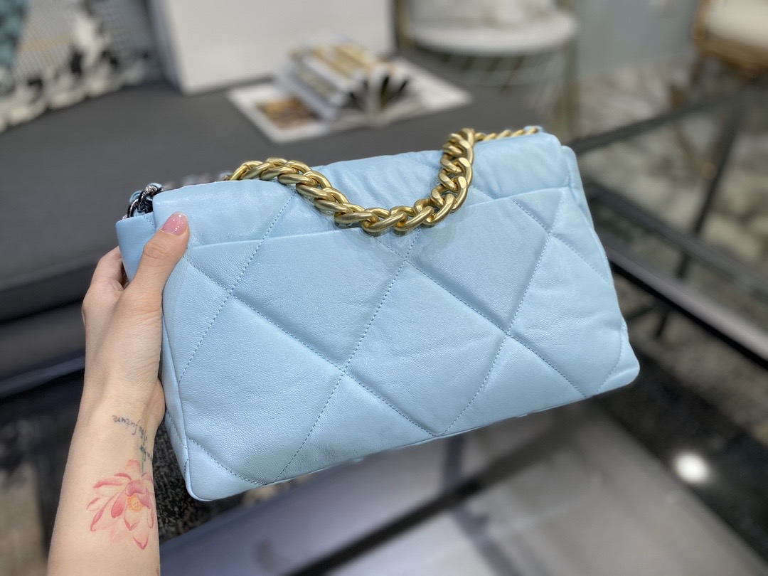 Ch**el large 19 handbag lambskin blue as1161 30cm
