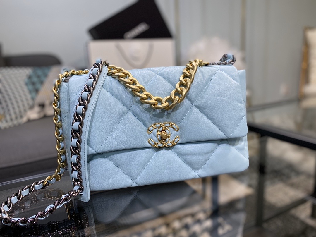 Ch**el large 19 handbag lambskin blue as1161 30cm