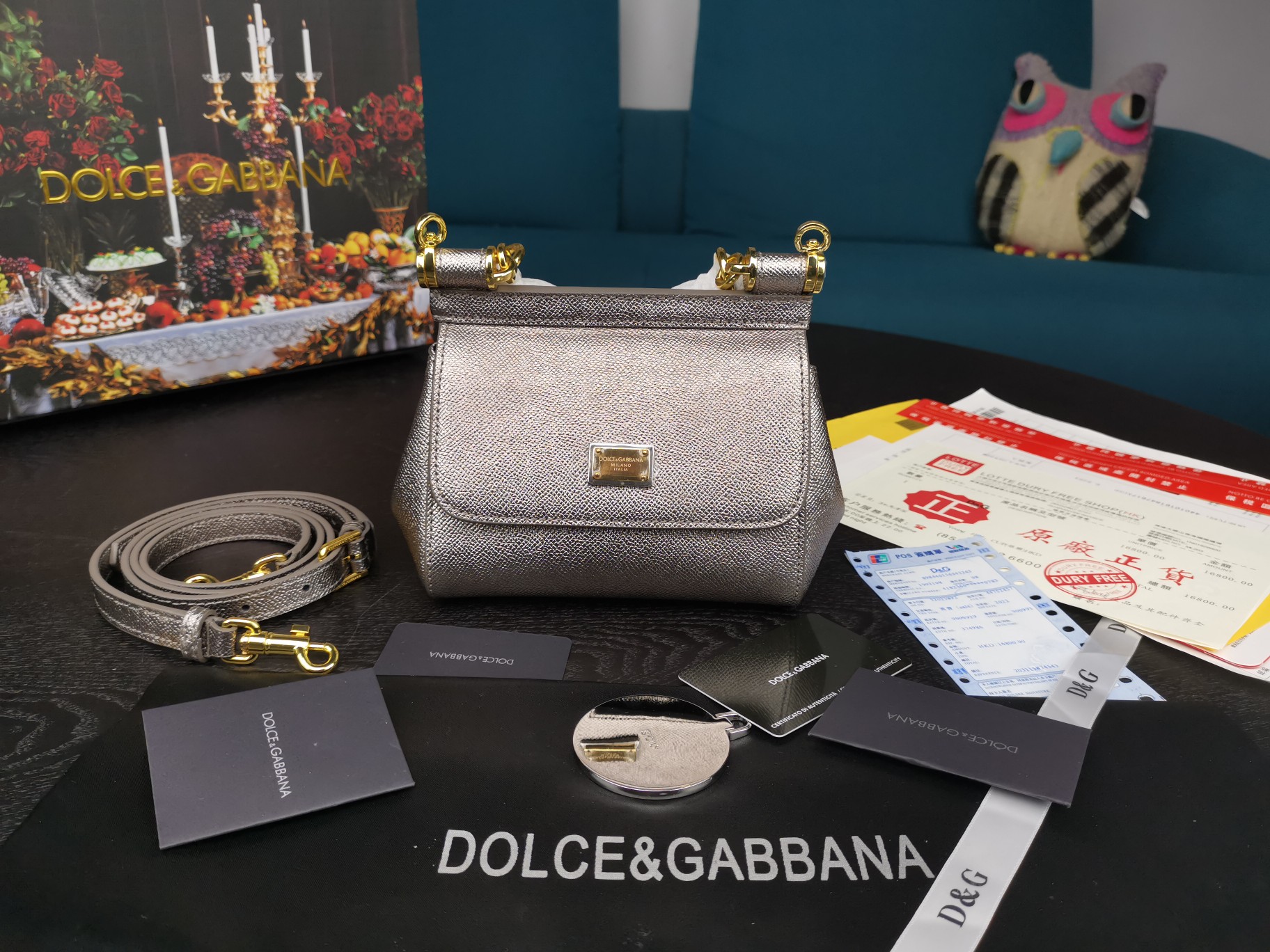 d01ce&Gab*a*a mini dauphine leather sicily bag silver bb4825a1001 16 x 10 x 5 cm
