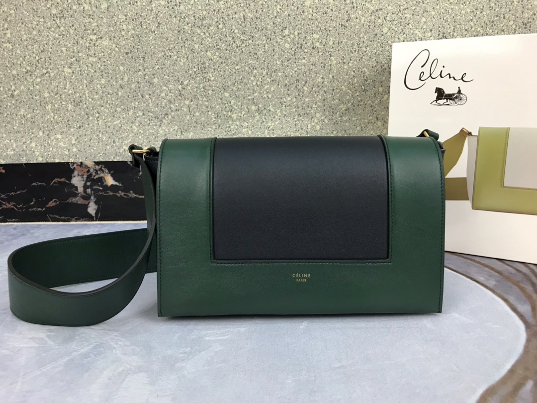 Ce1i*e medium frame bag in shiny smooth calfskin dark green and black 180263 25 x 17 x 8.5 cm