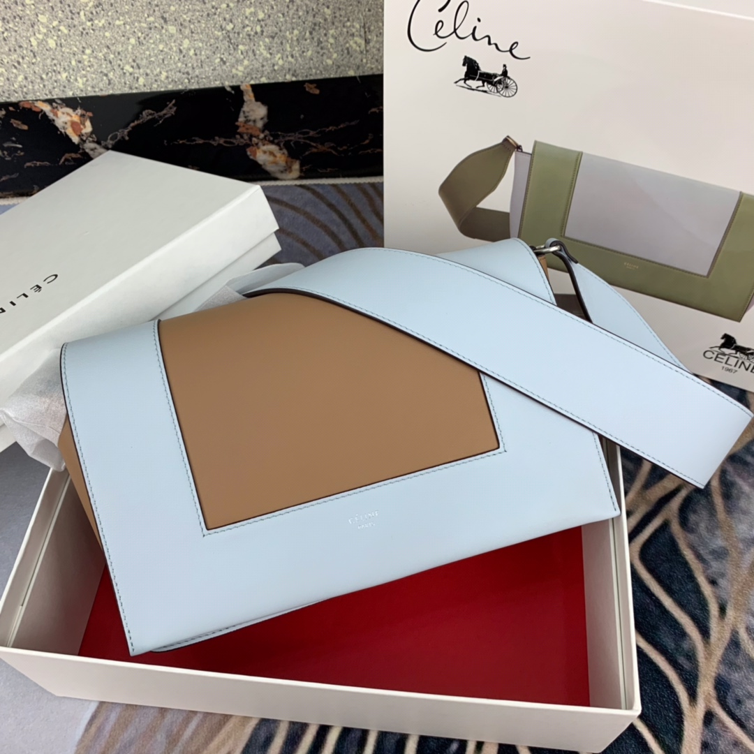 Ce1i*e medium frame bag in shiny smooth calfskin light blue and brown 180263 25 x 17 x 8.5 cm
