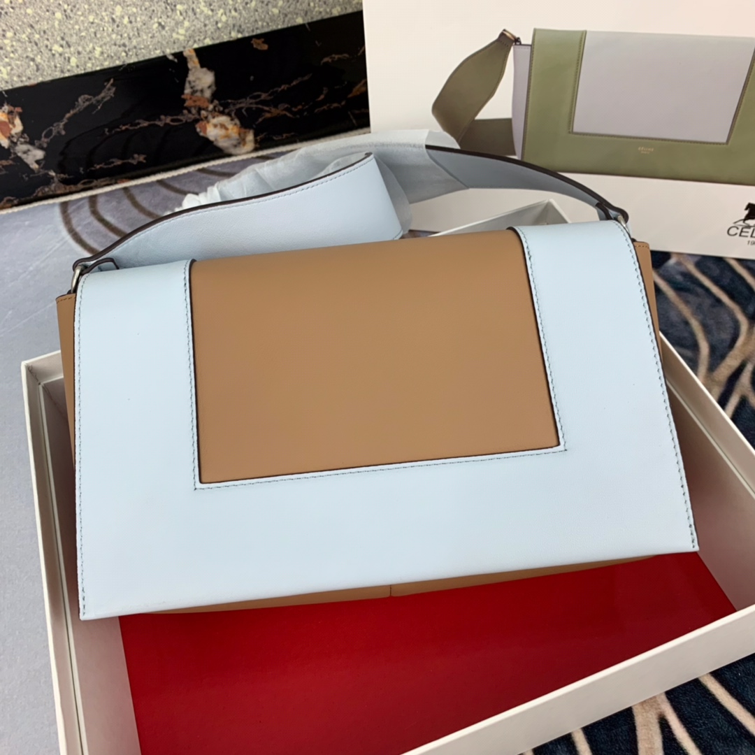 Ce1i*e medium frame bag in shiny smooth calfskin light blue and brown 180263 25 x 17 x 8.5 cm