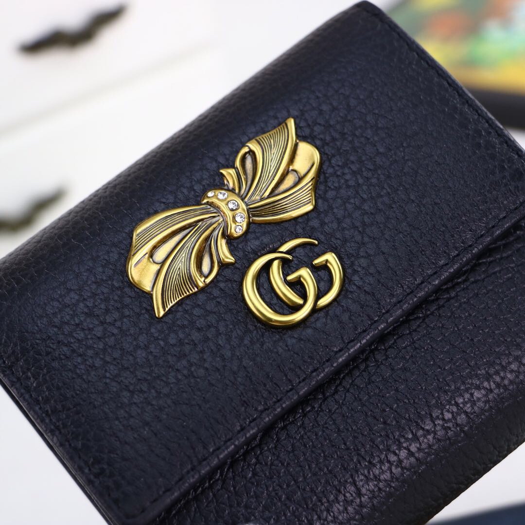 Gvc*1 leather wallet with bow black and pink 524294 12.5 x 10 x 3 cm