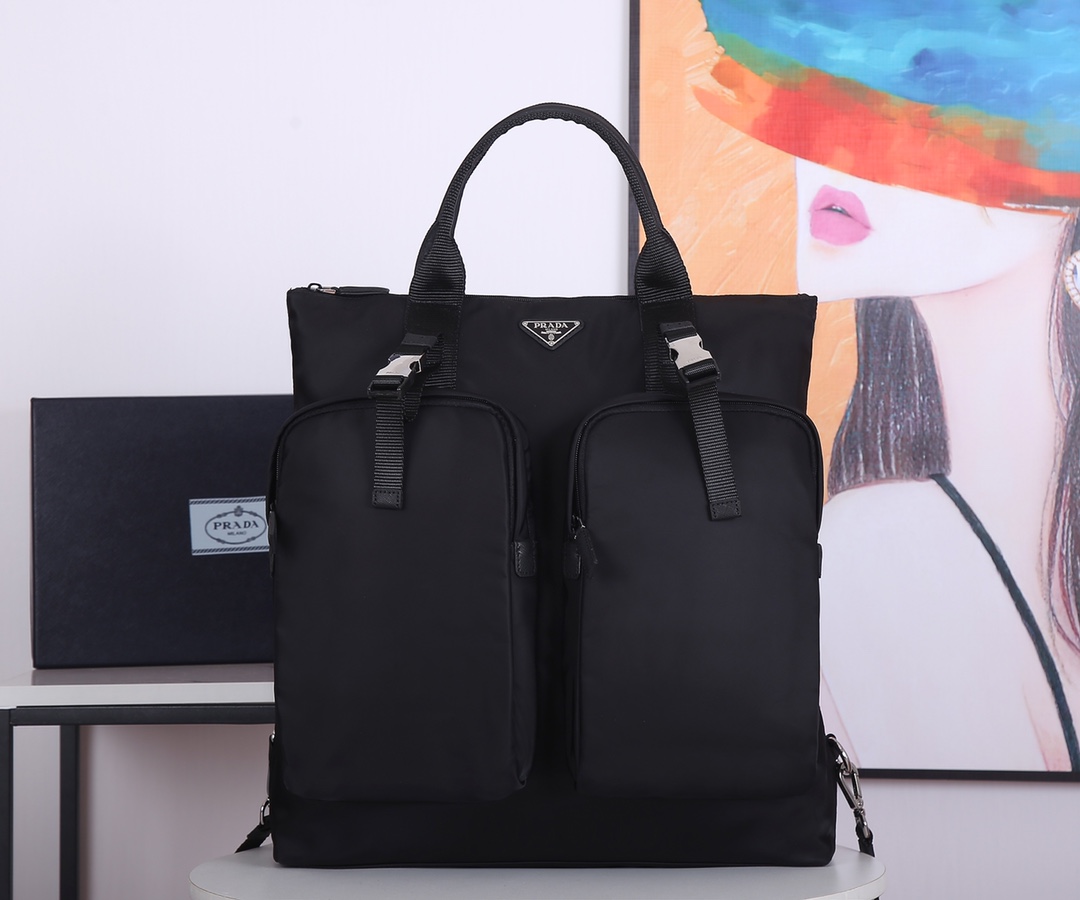 Pra*a nylon and saffiano leather tote black 2vg053 40 x 44 x 10 cm