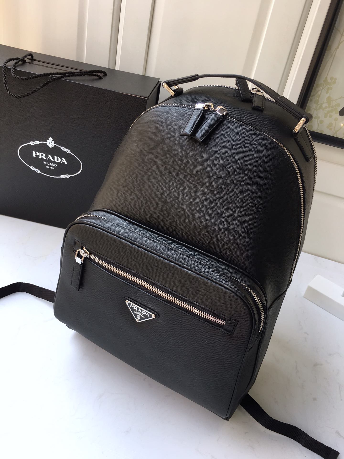 Pra*a saffiano leather backpack black 2vz032 27 x 39.5 x 16cm