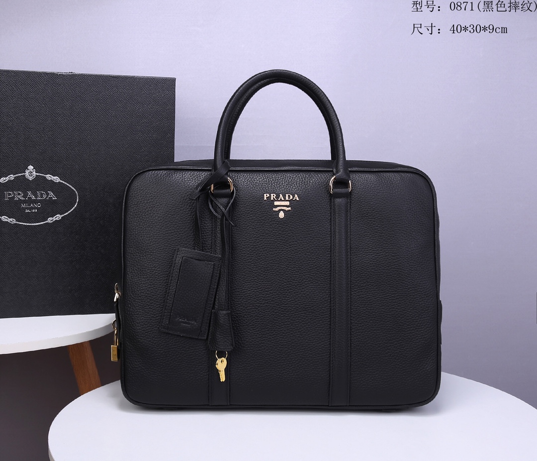 pra*a briefcase grained cowhide leather G01den metal black 8017 40 x 30 x 9 cm