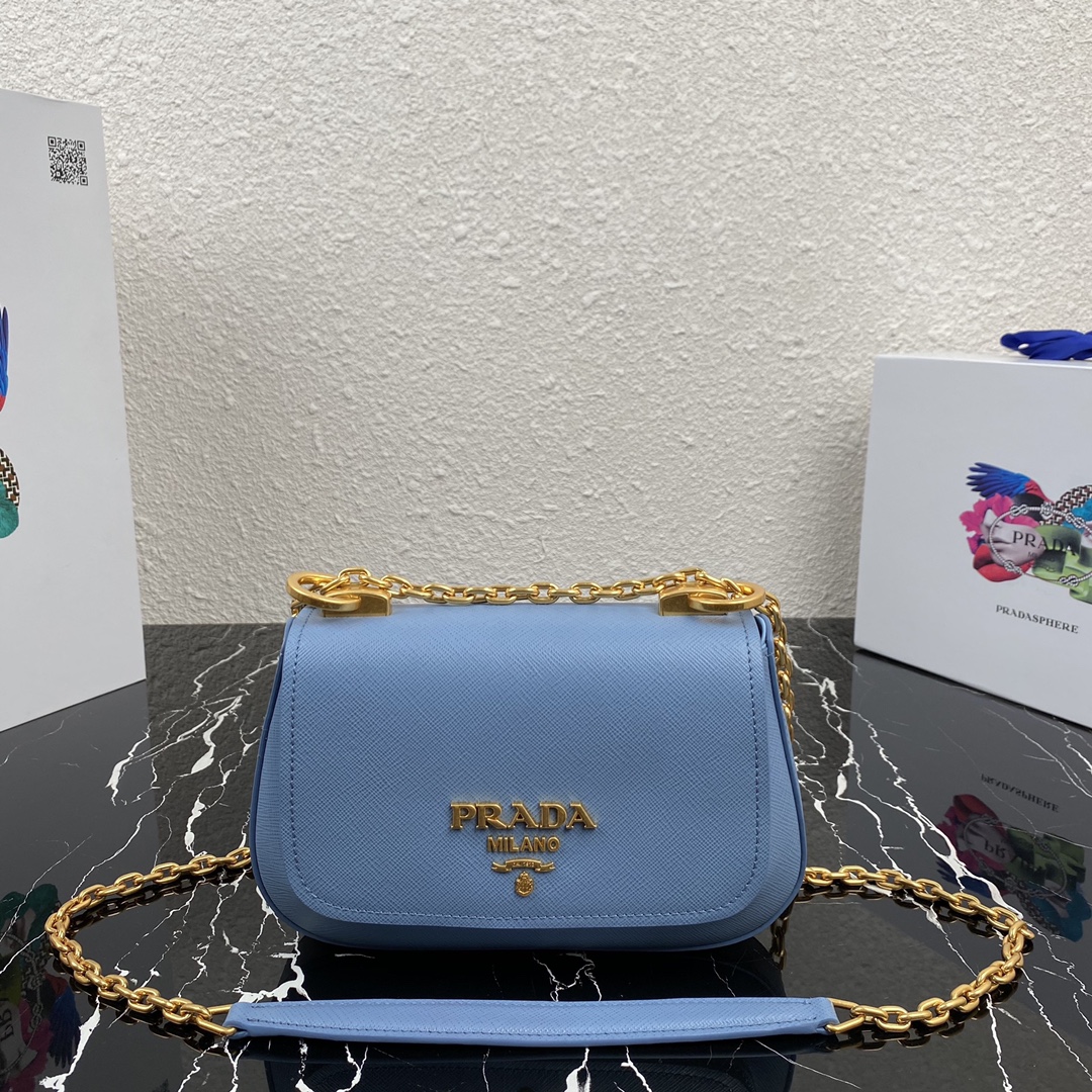 pra*a saffiano leather shoulder bag G01den metal blue 1bd275 22 x 14 x 6.5 cm