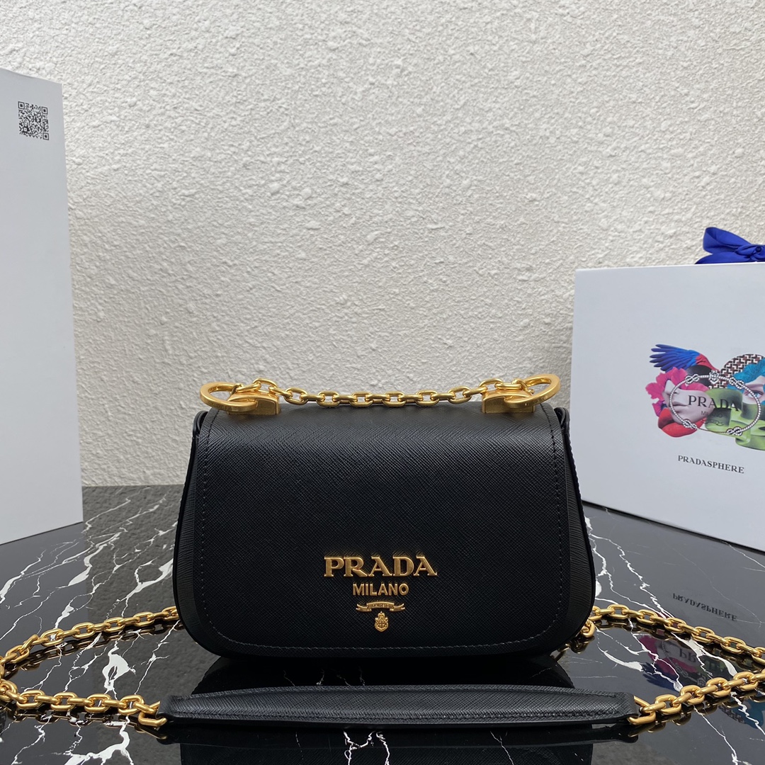 pra*a saffiano leather shoulder bag G01den metal black 1bd275 22 x 14 x 6.5 cm