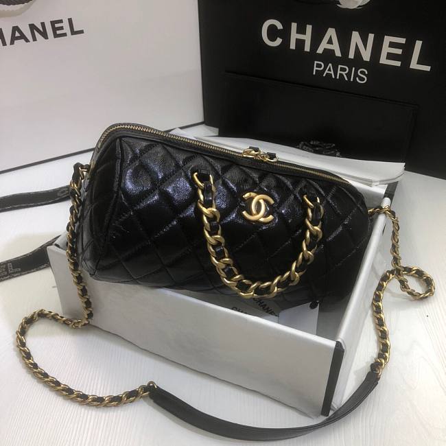 Ch**el extra mini bowling bag in shiny leather black as1899 16 x 22 x 12 cm