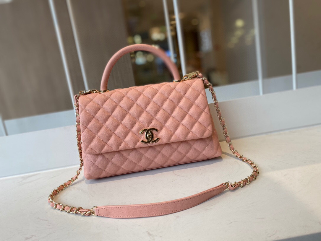 Ch**el small coco handle bag grained leather pink a92991 28 cm