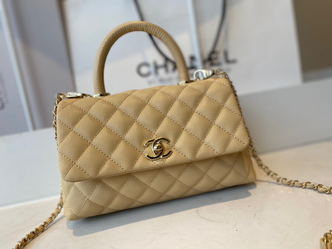 Ch**el mini coco handle bag grained leather light beige a92990 23 cm