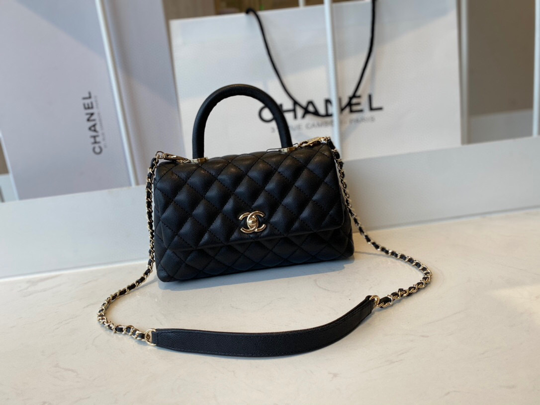 Ch**el mini coco handle bag grained leather black a92990 23 cm