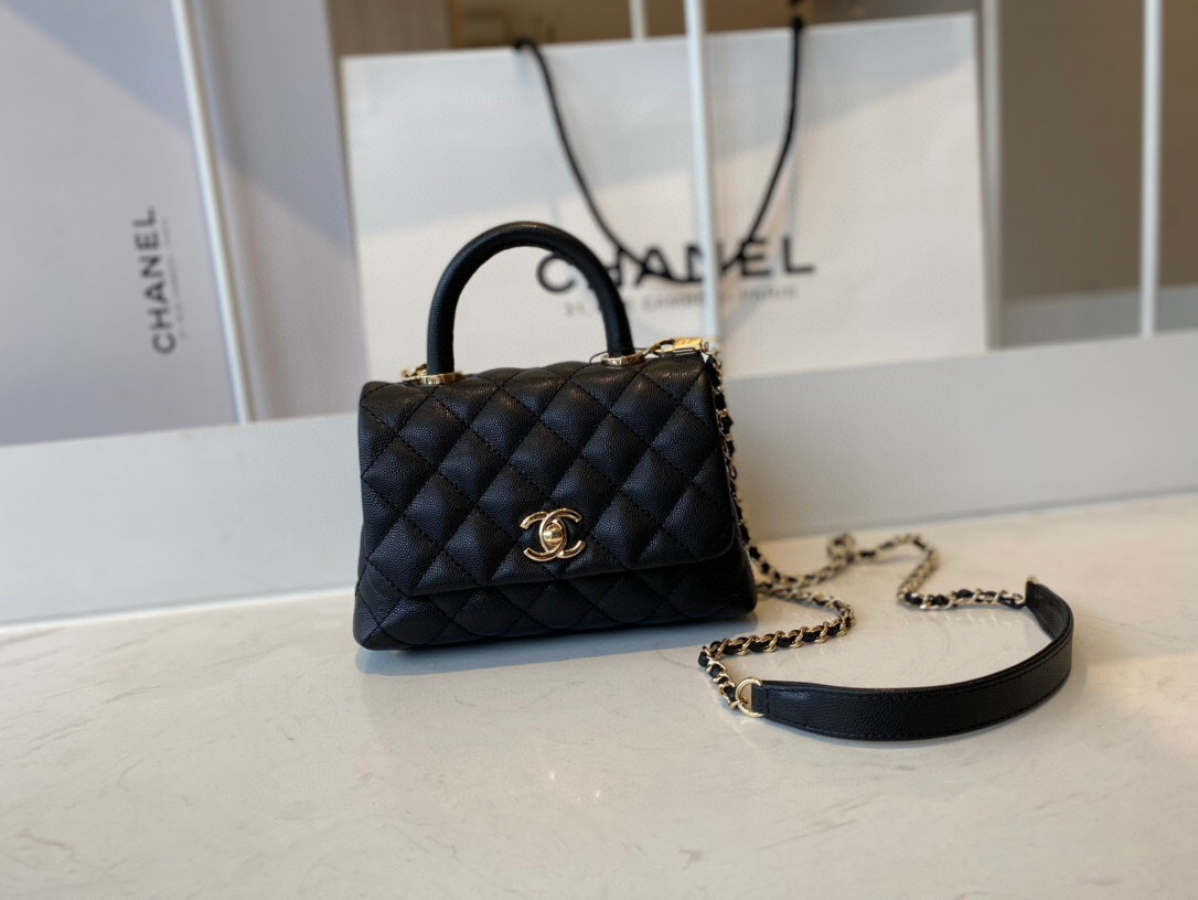 Ch**el extra mini coco handle bag grained leather black as2215 13 × 19 × 9 cm